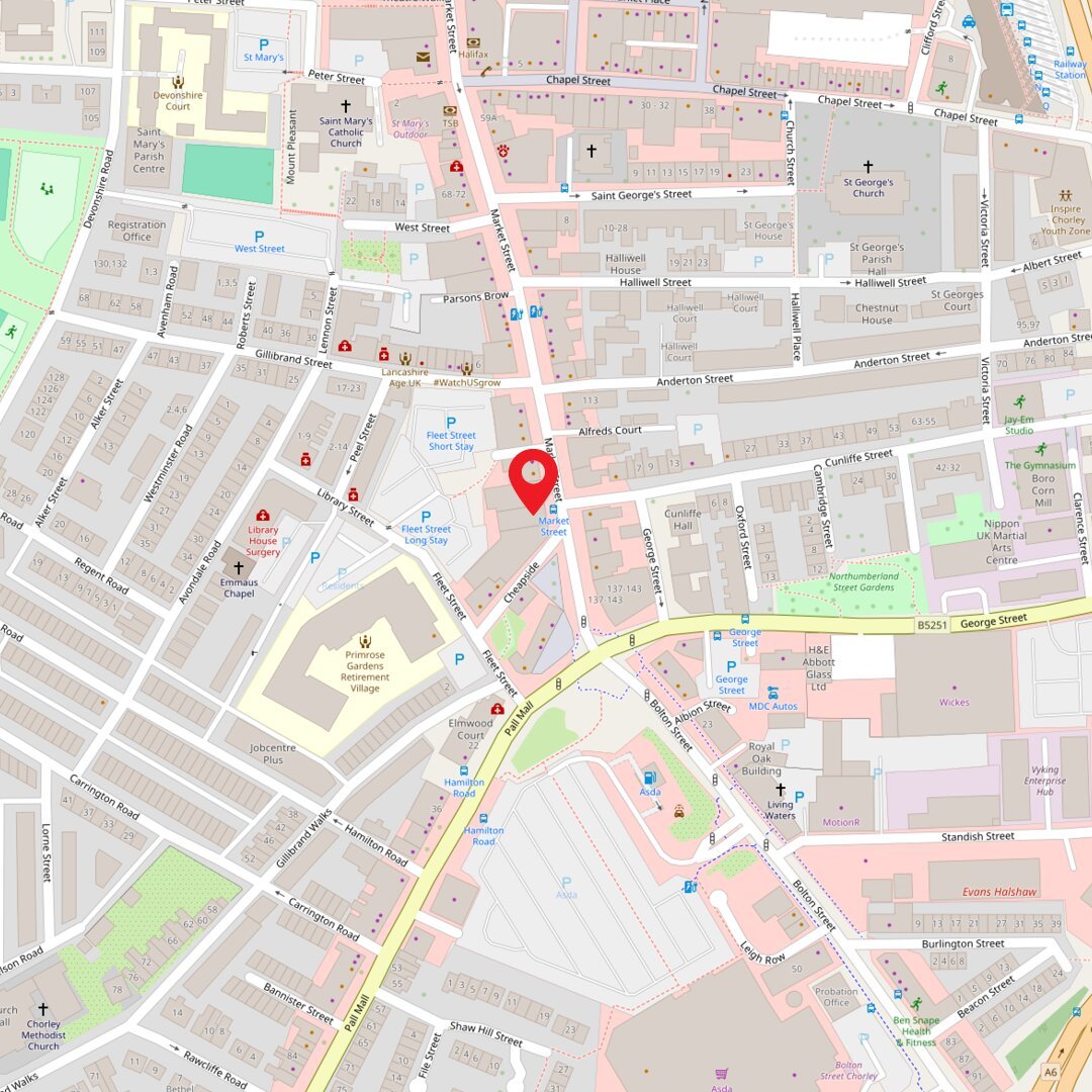 Map of 110a and 112-114 Market Street, Chorley, Lancashire, PR7 2SL, England
